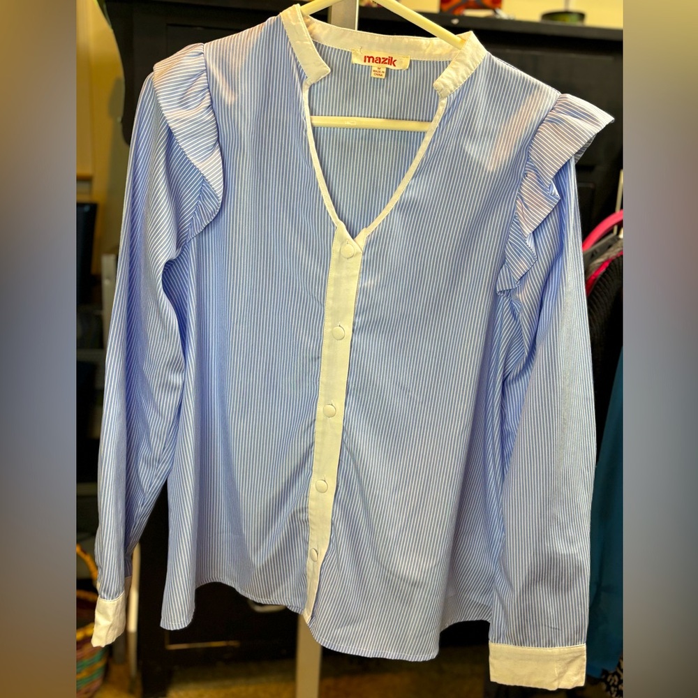 Mazik Blue and White Ruffle Sleeve Top